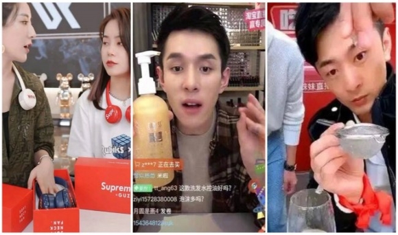 논란이 된 제품의 라이브 방송 장면, 왼쪽부터 웨이야, 리자치, 신유지(출처: 바이두)