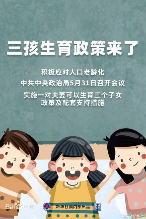 세 자녀 허용 정책 발표 당시 언론 보도(출처: 바이두, 신화망 新华网)